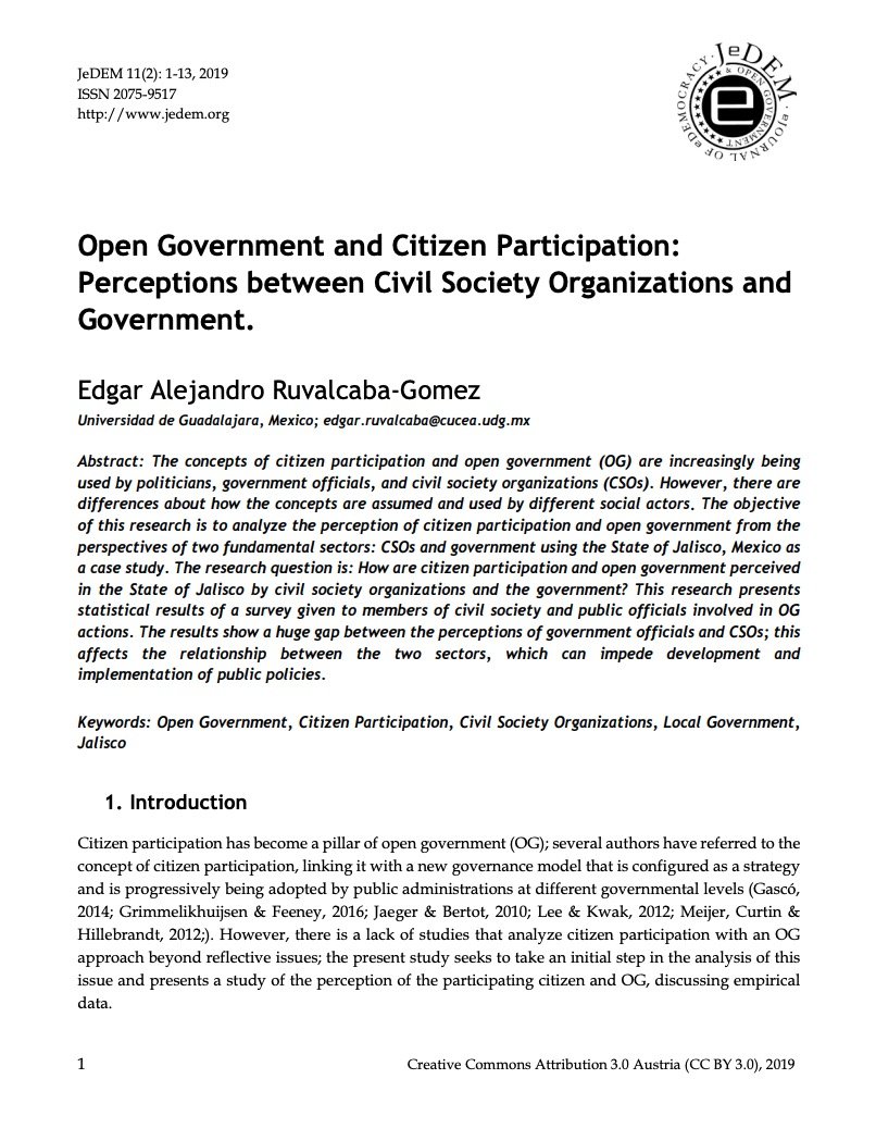 Open Government and Citizen Participation: Perceptions between Civil Society Organizations and Government.